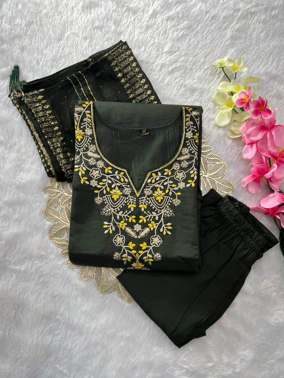 Mehandi Green Designer Roman Silk Kurti Set with Zari & Sequin Dupatta